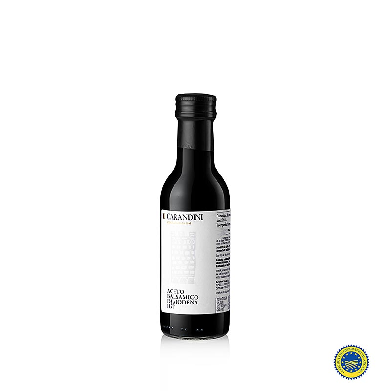 Carandini Aceto Balsamico di Modena BGA, 1 jaar, Riserva (Reale), 250 ml - Een fles van 250 ml van het bekroonde Carandini Aceto Balsamico di Modena, met een rijpingsperiode van 1 jaar, bekend als Riserva (Reale)