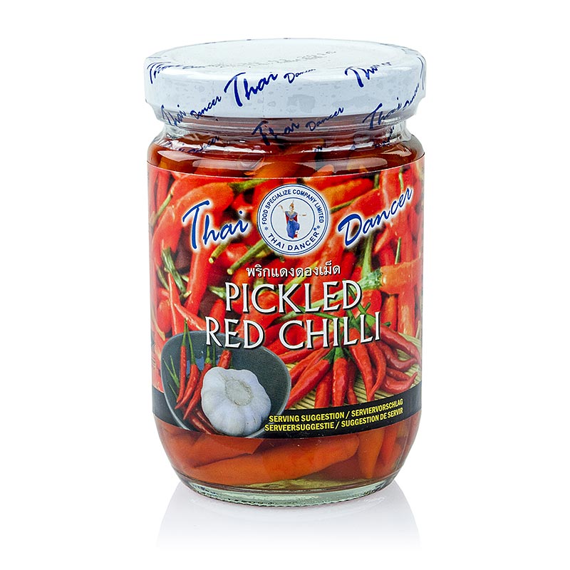 Ingemaakte kleine rode chilipepers in glazen pot van 200 gram