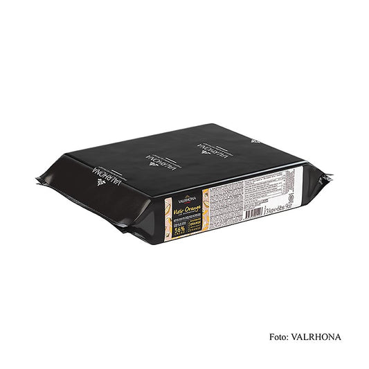 Valrhona Noir Orange - pure chocolade, met sinaasappelsmaak, blok, 53% cacao, 3 kg - Afbeelding van een groot blok pure chocolade met sinaasappelsmaak van Valrhona, met een cacaogehalte van 53%, in een verpakking van 3 kg