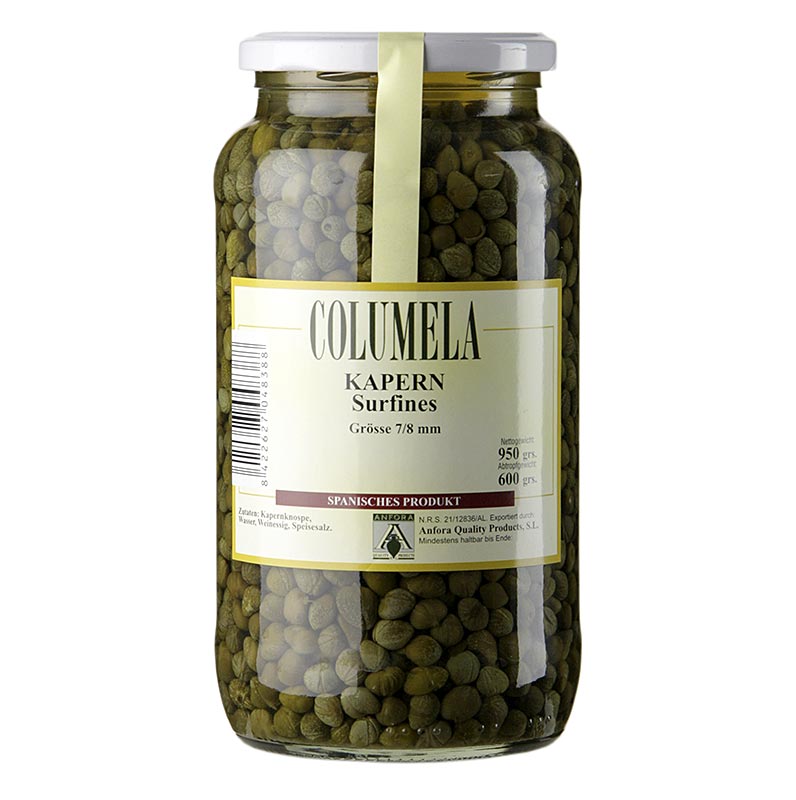 Pot van 950 g Kappertjes surfines, ø 7-8mm, Columela, voor culinaire toepassingen