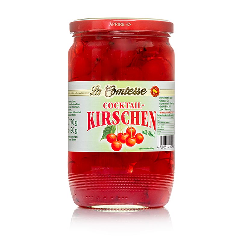 Cocktailkersen, rood, met steeltje, 770 g - verse en sappige kersen in een pot van 770 gram