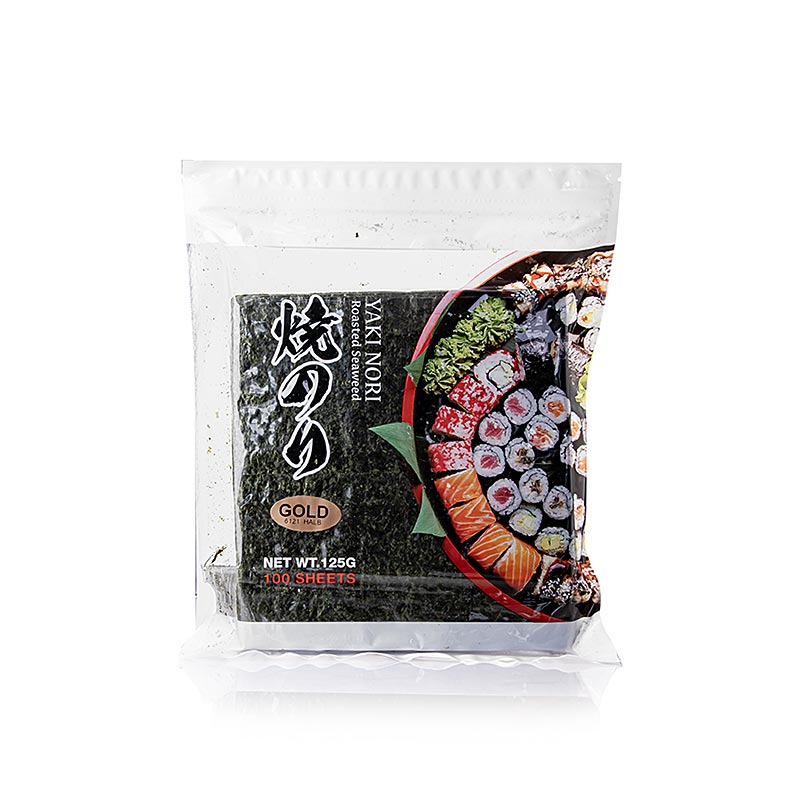 Gedroogd en geroosterd Yakinori half size zeewier, 125 g, 100 vellen, verpakt in goudkleurige verpakking
