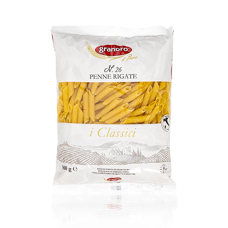 500 g pakket van geribbelde Granoro Penne Rigate, Nr 26, met een diameter van 7 (5) mm