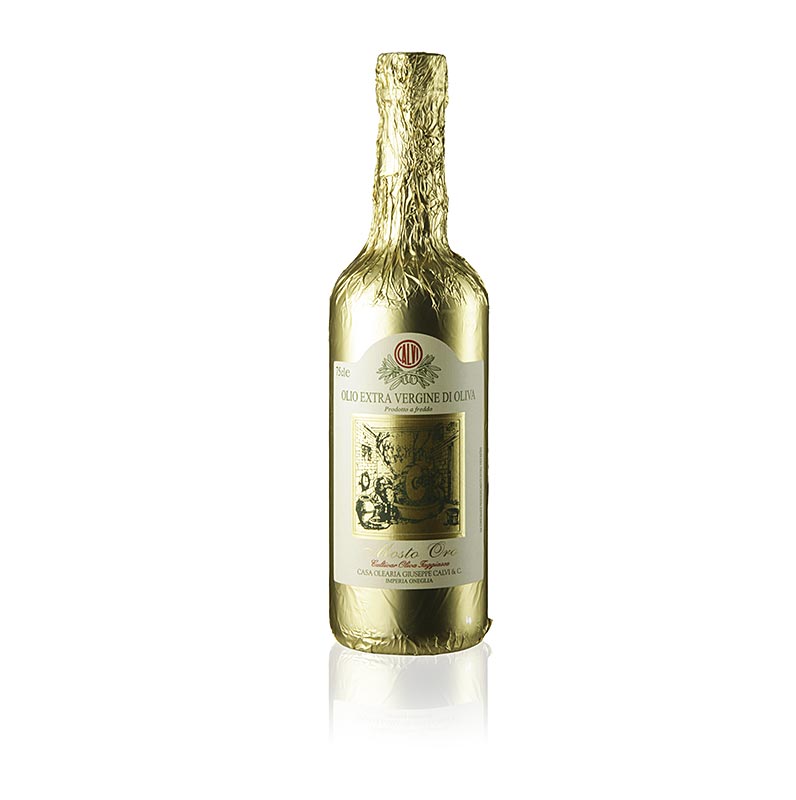 Extra olijfolie van eerste persing, Calvi Mosto Oro, goudfolie, 750 ml - Een fles van 750 ml met hoogwaardige extra vierge olijfolie van Calvi, bekend als Mosto Oro, verpakt in een luxe goudfolie verpakking