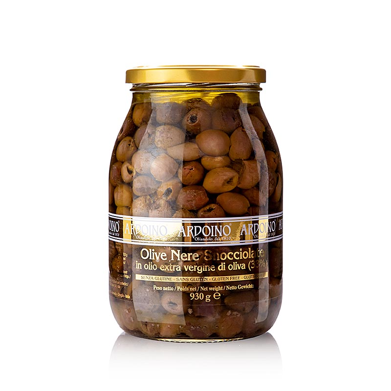 Zwarte olijven zonder pit (Snocciolate), in olijfolie, Ardoino, 930 g - heerlijke ontpitte zwarte olijven in olijfolie van het merk Ardoino, 930 gram