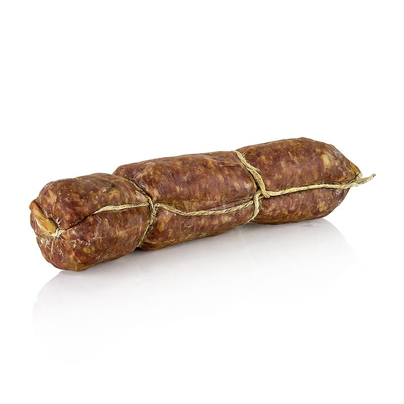 High-quality Montalcino Salumi Salami Cinghiale made with 50% wild boar, weighing approximately 400 grams, perfect for charcuterie boards and Italian cuisine