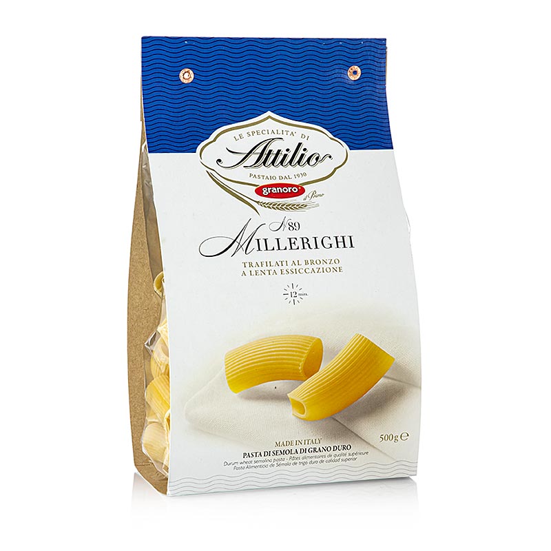 Granoro Millerighi, korte, dikke buisvormige pasta om te vullen, nr 89, 500 g - productafbeelding met verpakkingsdetails en ingrediëntinformatie