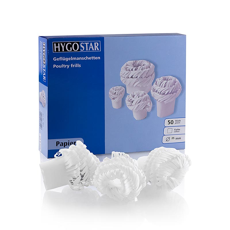 Verpakte set van 50 stuks Manchetten, Papillotes Gigot van 25mm voor schapen-, lams- en hertenbout