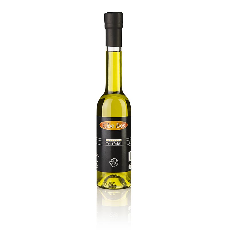 250 ml fles CIBO BOS Extra olijfolie van eerste persing met witte truffelsmaak (truffelolie) op een witte achtergrond