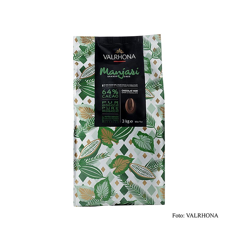 Valrhona Manjari Grand Cru, donkere couverture Callets, 64% cacao, Madagaskar, 3 kg - productafbeelding met hoogwaardige chocolade uit Madagaskar