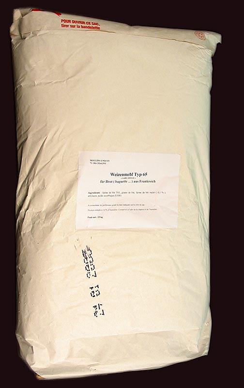 Meel type 65, tarwebloem uit Frankrijk, geschikt voor het bakken van brood, verpakt in 25 kg banette zakken