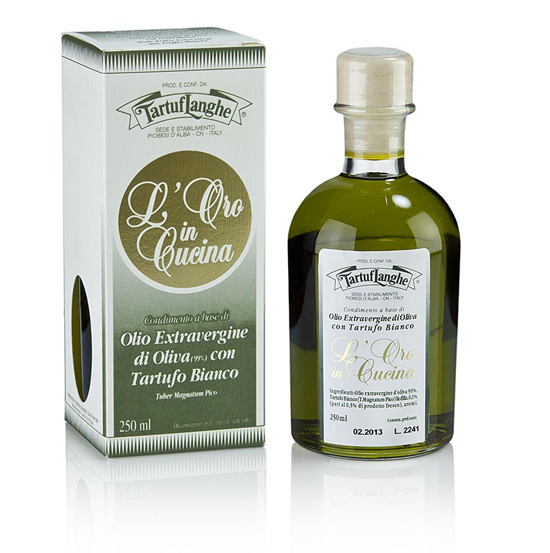 Tartuflanghe Extra Vergine Olijfolie L'Oro in Cucina met witte truffel & aroma 250 ml, a premium Italian olive oil infused with white truffle and aromatic flavors, perfect for enhancing the taste of your dishes