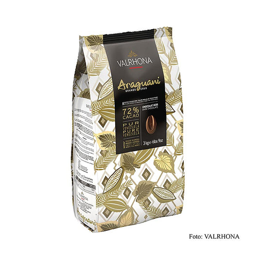 Valrhona Araguani Grand Cru donkere couverture Callets, 72% cacao, Venezuela, 3 kg - Afbeelding van Valrhona Araguani Grand Cru donkere chocolade Callets met 72% cacao uit Venezuela, verpakt in een zak van 3 kg