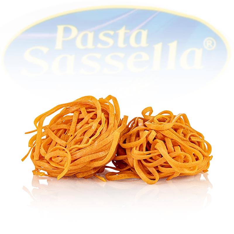 Verse tagliarini met tomaat, rood, tagliatelle van 3mm, Sassella, 500 g - speciale prijs, geldig t/m 19082024 - afbeelding van het product