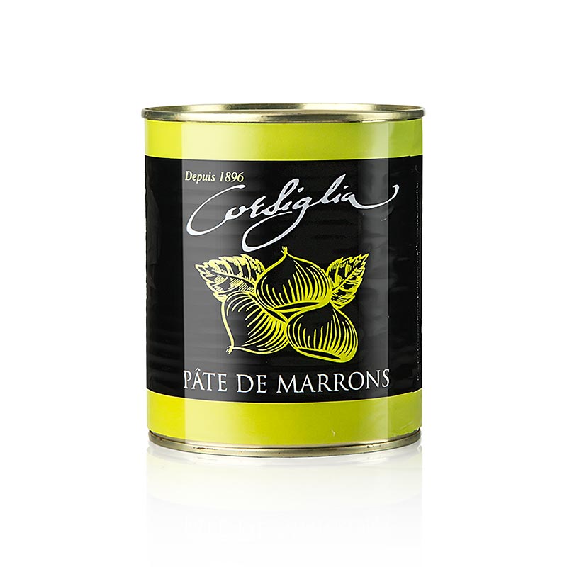 Kastanjepasta, met vanille, stevig & zoet (groen blik), Corsiglia Facor, 1 kg - Heerlijke en stevige kastanjepasta met een zoete vanillesmaak, verpakt in een groen blik van 1 kg van Corsiglia Facor
