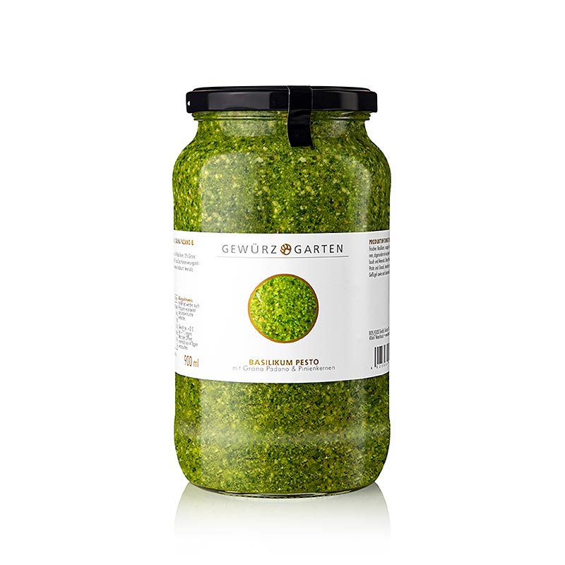 Groene basilicumpesto in een pot van 900 ml met verse basilicum, pijnboompitten en Grana Padano kaas