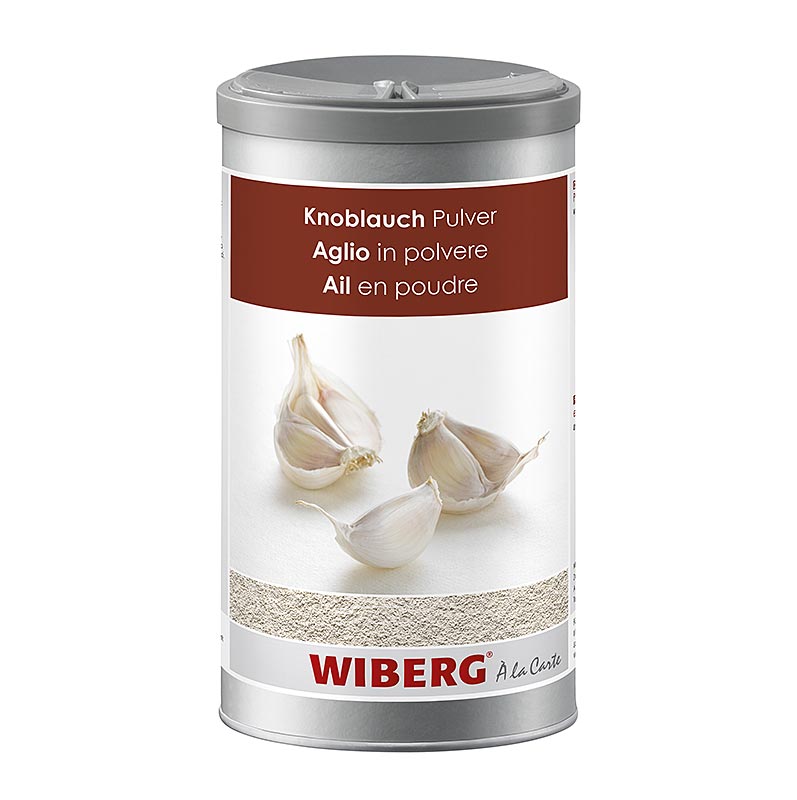 Foto van een pot Wiberg knoflookpoeder van 580 g, een populair product voor het kruiden van gerechten