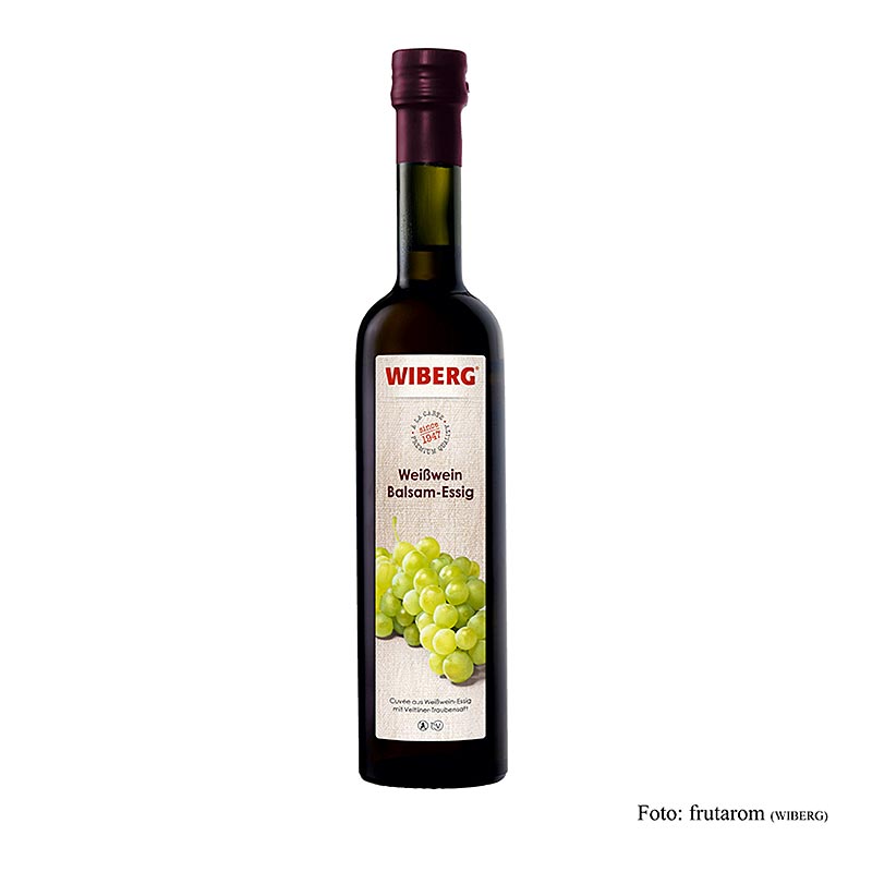Wiberg witte wijn balsamico azijn met een zuurgraad van 6%, perfect voor saladedressings en marinades, in een fles van 500 ml
