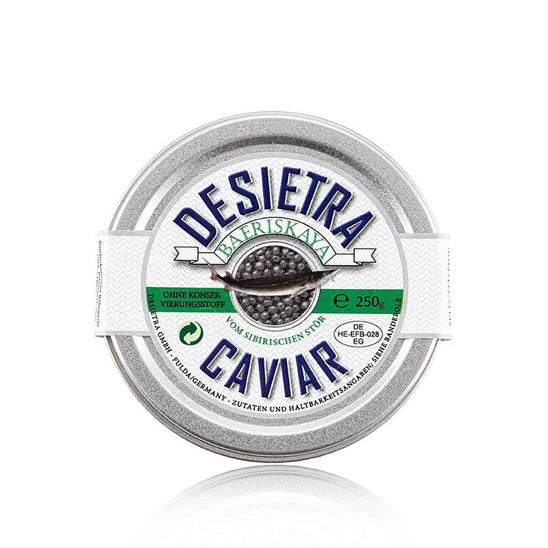  Hand holding a mother of pearl spoon filled with 250g Desietra Baeriskaya kaviaar (baerii), a sustainably farmed caviar without any additives