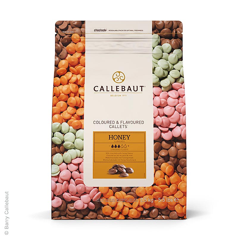 Volle melk met honing en Callets met 32,8% cacao, verpakt in 2,5 kg