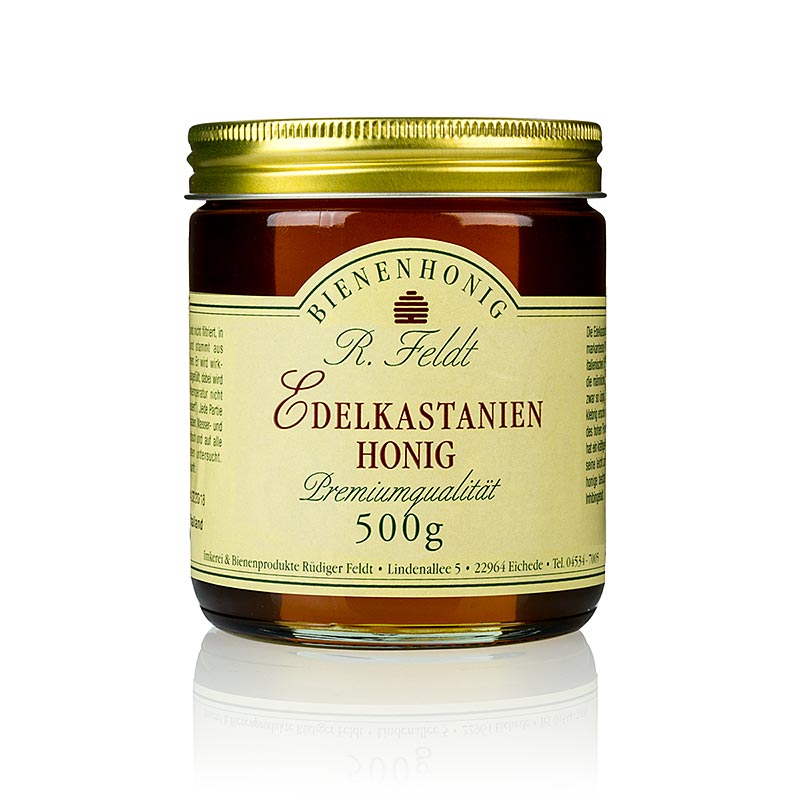 Foto van een pot Italiaanse kastanjehoning van 500 g, middenbruin van kleur, vloeibaar van textuur en met een bitterzoete smaak
