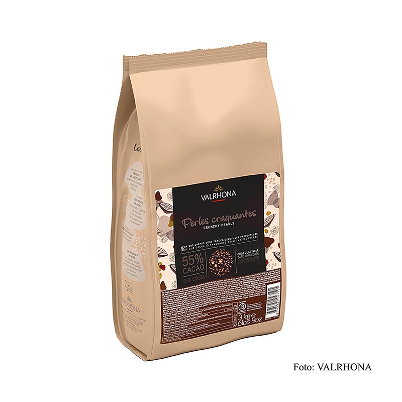 Krokante parels met graanvulling en een chocoladelaag van 55% cacao, verpakt in een 3 kg Valrhona verpakking