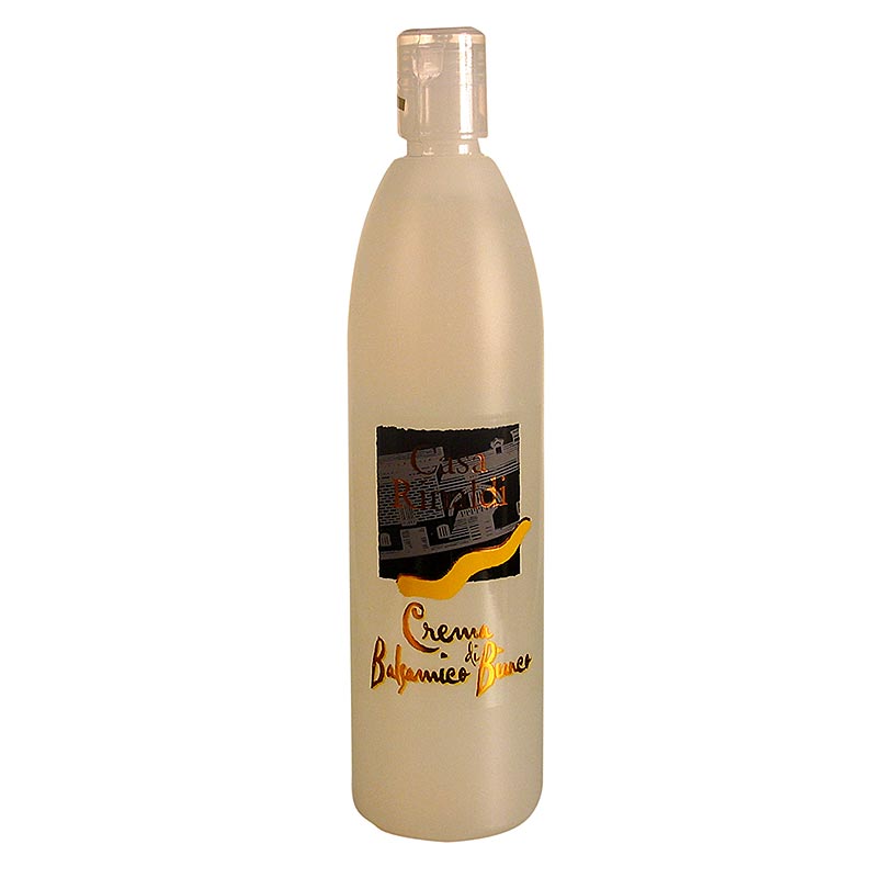 Glazen fles met 500 ml Crema di Balsamico Bianco van Casa Rinaldi, geschikt voor gebruik in desserts en andere gerechten