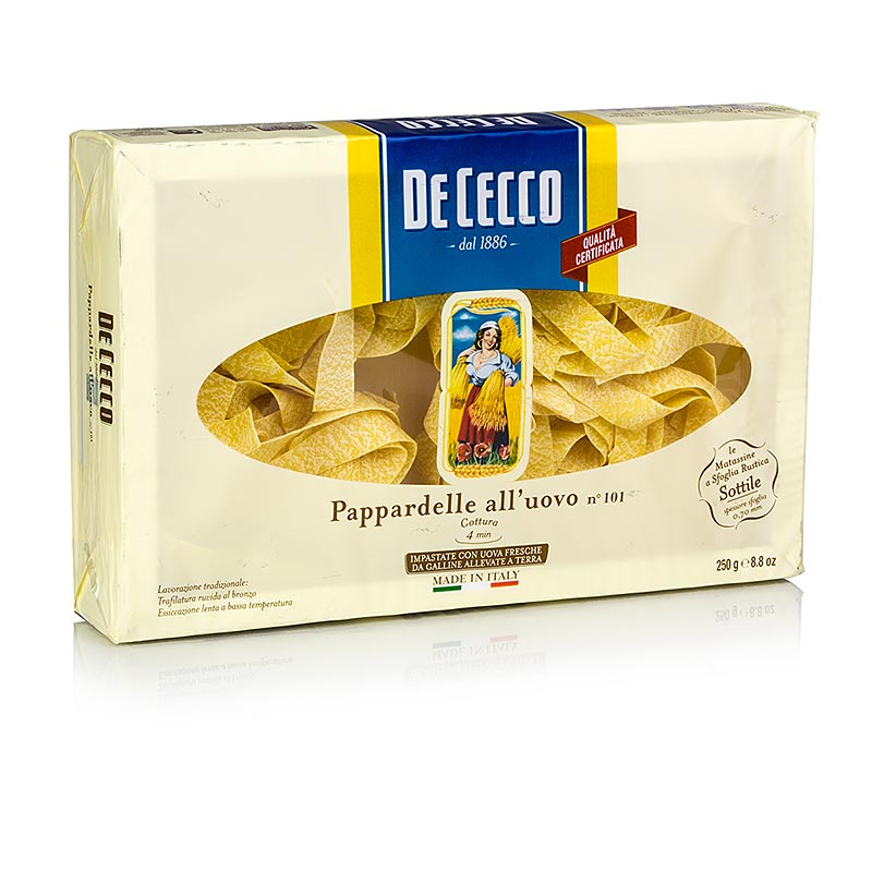 De Cecco Pappardelle met ei, nr101, 250 g - Brede lintpasta met scharreleieren, perfect voor heerlijke pastagerechten