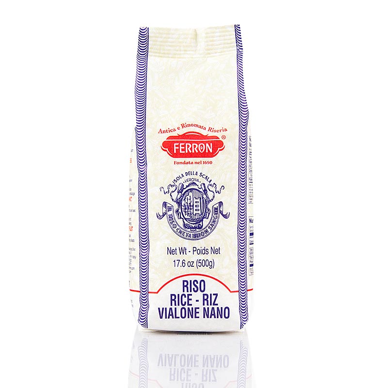 500 gram verpakking van Ferron Vialone Nano, rondkorrelige rijst voor het maken van heerlijke risotto