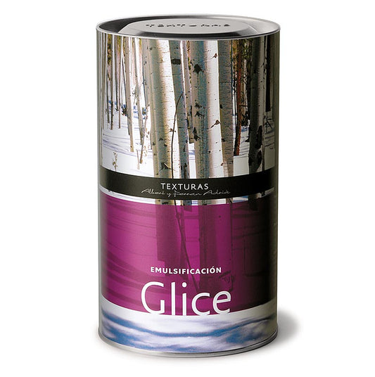 Glice (mono-en diglyceriden van vetzuren), Texturas Ferran Adrià, E 471, 300 g - productafbeelding van een verpakking van 300 gram Glice, een product van mono- en diglyceriden van vetzuren, met het label van Texturas Ferran Adrià en de toevoeging E 471