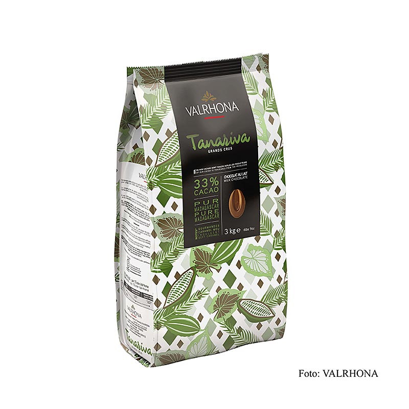 Valrhona Tanariva Grand Cru volle melk couverture callets met 33% cacao in een verpakking van 3 kg