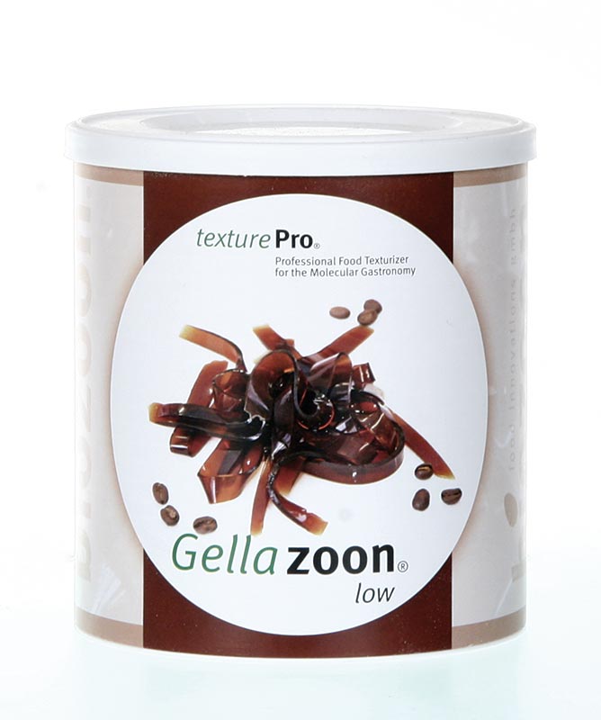 Transparent container of Gellazoon laag (Gellan) powder, 250g, by Biozoon, E 418, used as a gelling agent in molecular gastronomy recipes