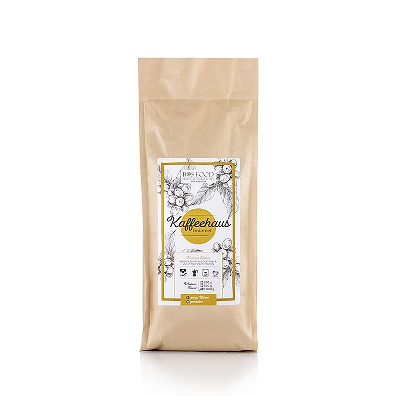 Bos Food Gourmet koffiehuis, hele bonen, 100 % Arabica koffie, 1 kg - Verfijnde en rijke smaak van premium Arabica koffiebonen in hele bonen, geschikt voor koffiezetapparaten en espresso machines