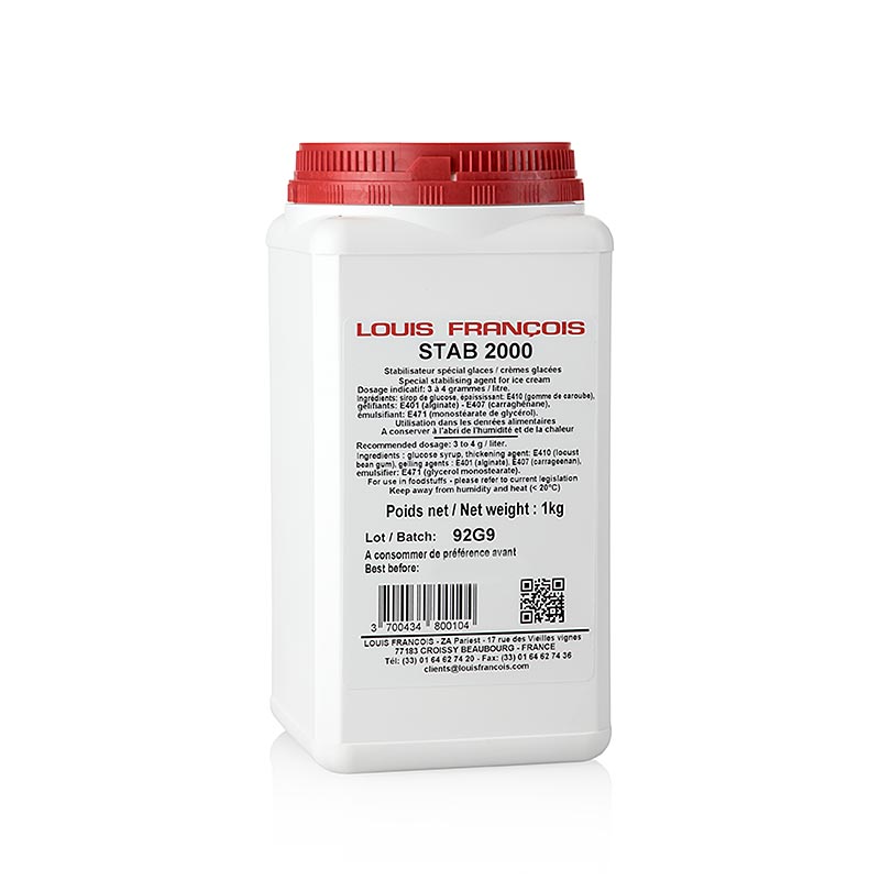 Stab 2000, stabilisator voor ijs en slagroom, Louis Francois, 1 kg - productafbeelding met witte verpakking en blauwe tekst op een witte achtergrond