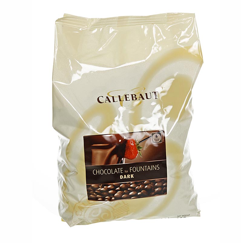 Zwarte chocolade Callets voor fonteinen en fondue, rijk aan 56,9% cacao, verpakt in een zak van 2,5 kg