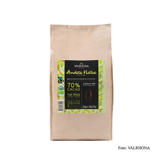 Valrhona Andoa Noire 70% 3 kg Callets, Fairtrade, BIO (12515), 3 kg: High-quality organic dark chocolate callets in a large 3 kg bag, perfect for baking and confectionery