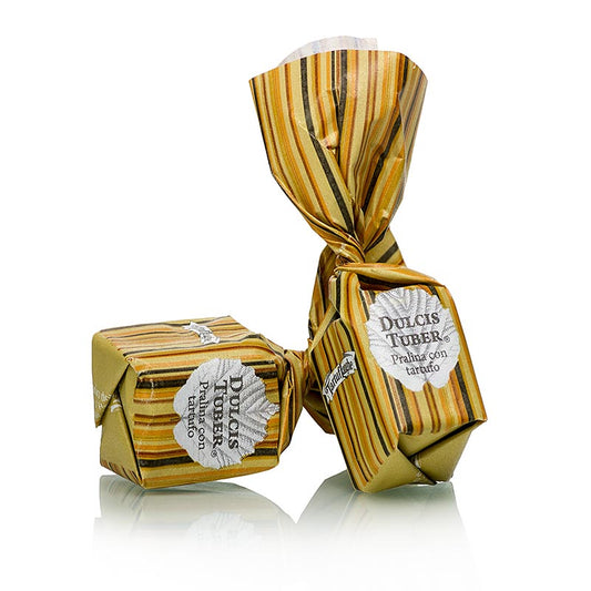 Indulge in the exquisite Tartuflanghe minitruffelpralines featuring Dulcis Knol summer truffles, each weighing approximately 7g, in a beige packaging, packed in a 25 kg box