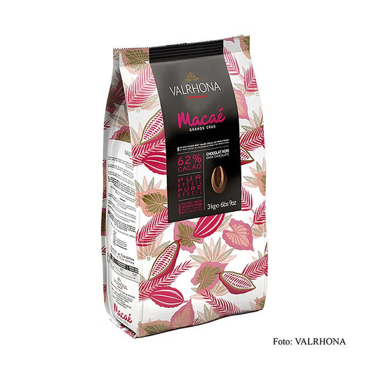 Valrhona Macae Grand Cru donkere couverture Callets, 62% cacao, Brazilië, 3 kg - productafbeelding met premium Braziliaanse chocolade