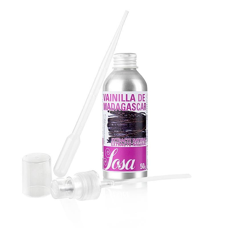 Natuurlijk Madagaskar vanillearoma, vloeibaar, 50 g - illustratie van het product in fles met vloeibare vanillearoma uit Madagaskar