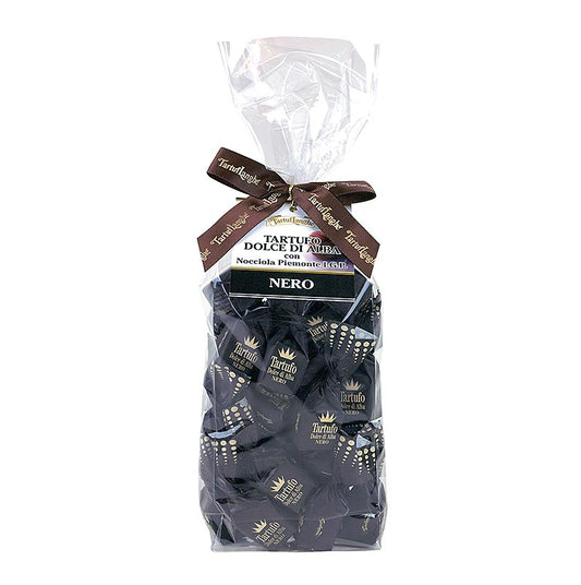 Indulge in the decadent Tartuflanghe truffelpralines - Dolce d'Alba, crafted from pure chocolate and weighing approximately 14g each, in a black box totaling 200g