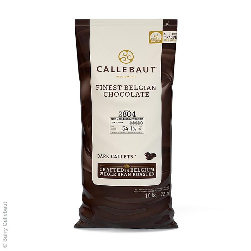 Zak met 10 kg dunne vloeibare zwarte chocolade callets met 54% cacao