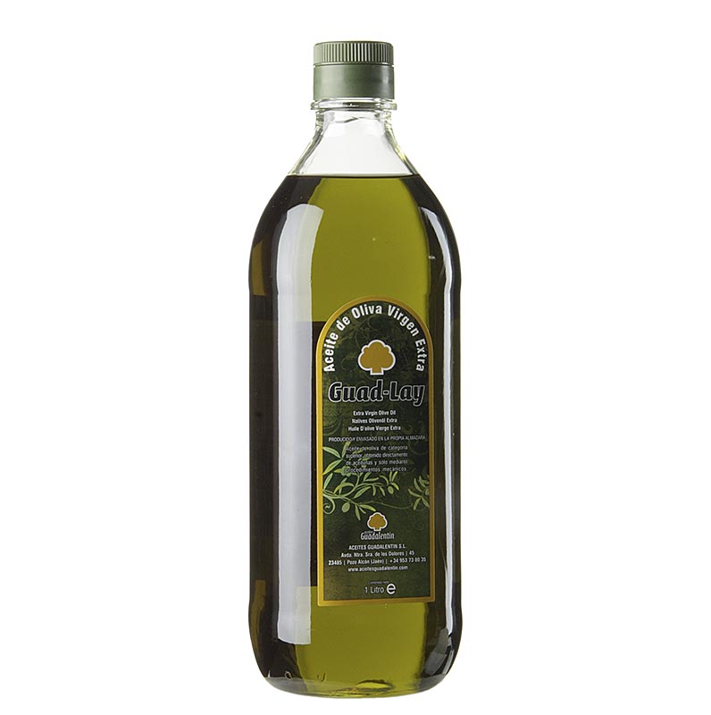 Extra olijfolie van eerste persing, Aceites Guadalentin Guad Lay, 100% Picual, 1 liter - een fles van 1 liter met hoogwaardige olijfolie van eerste persing, geproduceerd door Aceites Guadalentin Guad Lay en gemaakt van 100% Picual olijven