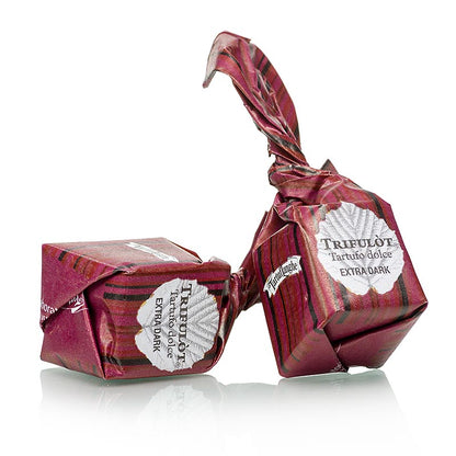 Tartuflanghe mini truffelpralines - Dolce d'Alba, extra pure chocolade, ca 7g, zwart/rood, 200 g - Indulge in the decadent flavors of black and red truffle-infused pralines, made with extra pure chocolate, weighing approximately 7g each, in a 200g package