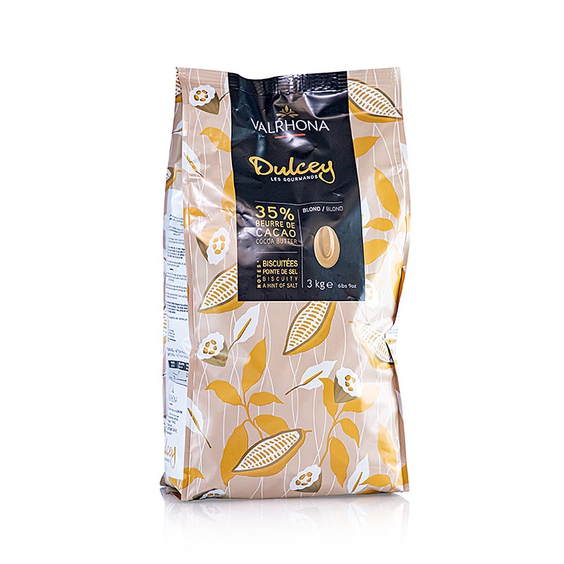 Valrhona Dulcey, blonde couverture, Callets, 35% cacao, 3 kg - premium kwaliteit Belgische chocolade callets in een grote verpakking van 3 kg met een verrukkelijke smaak van blonde couverture met 35% cacao