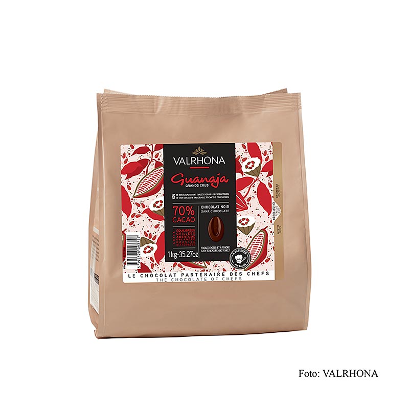 Valrhona Guanaja Grand Cru dark chocolate couverture Callets, 70% cacao, 1kg packaging