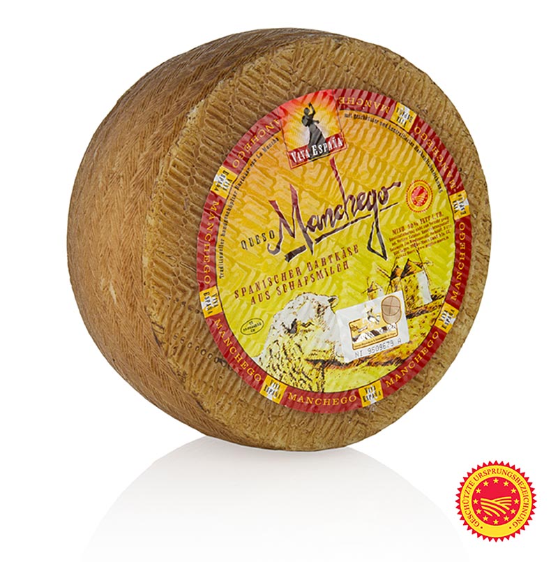 Beeld van een heel wiel Manchego kaas Viva España, 6 maanden gerijpt, met een gewicht van ongeveer 2,8 kg, met de aanduiding BOB, afkomstig uit Spanje