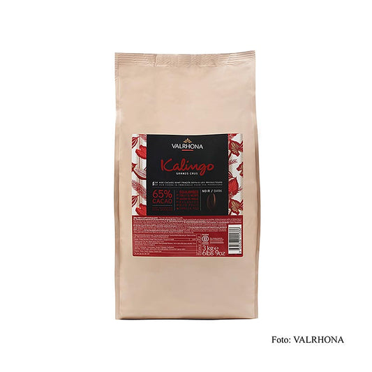 Valrhona Kalingo, donkere couverture, callets, 65% cacao, gemaakt van pure Grenada bonen, in een verpakking van 3 kg