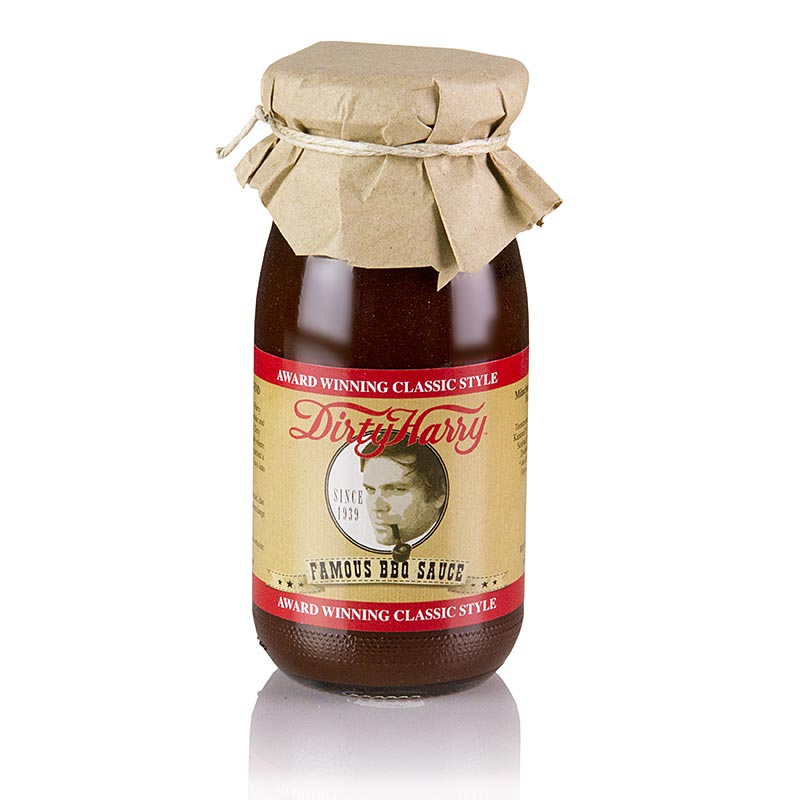 Dirty Harry's Famous BBQ Sauce, a 250 ml bottle of organic and vegan-friendly condiment