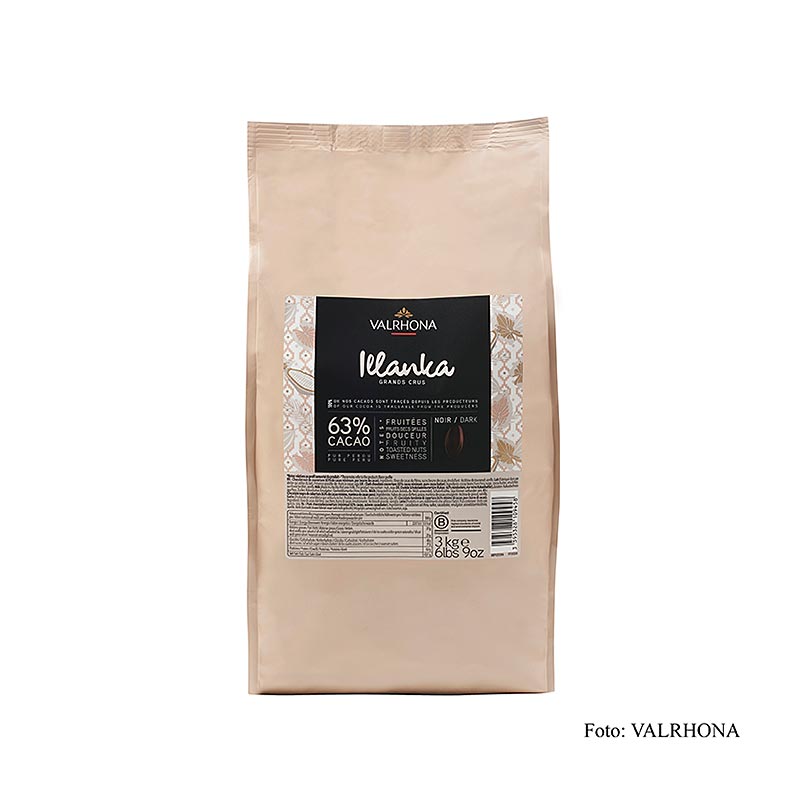 Valrhona Illanka 63% cacao dark couverture Callets from Peru, 3 kg packaging