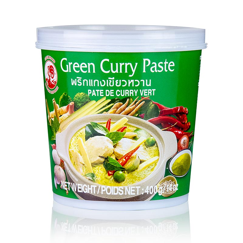 400g package of Cock Merk green curry pasta, a versatile and flavorful ingredient for cooking authentic Thai dishes